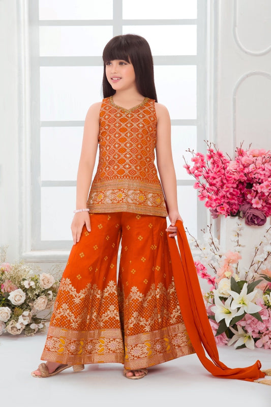 Rust Orange Banarasi Print Palazzo Set with Dupatta