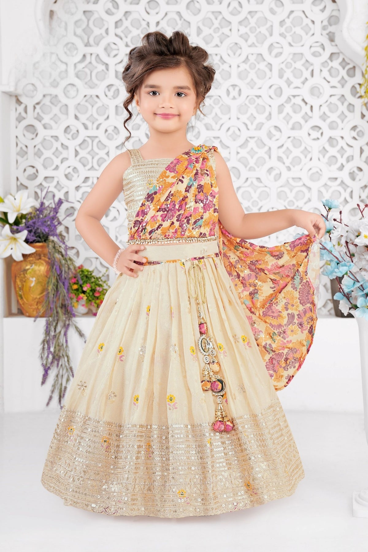 Cream Floral Embroidered Lehenga Set with Printed Dupatta