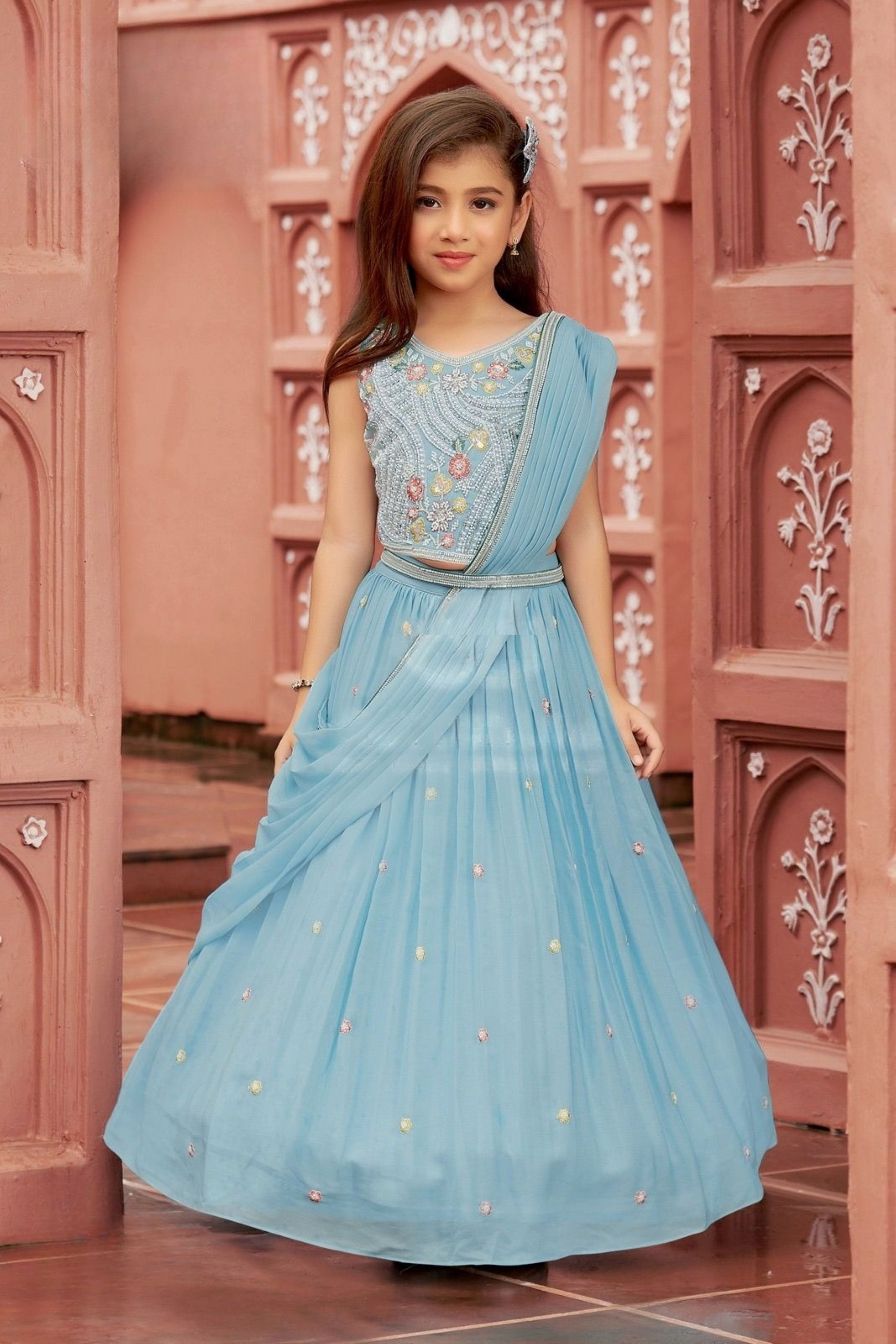 Sky Blue Embroidered Draped Lehenga Set