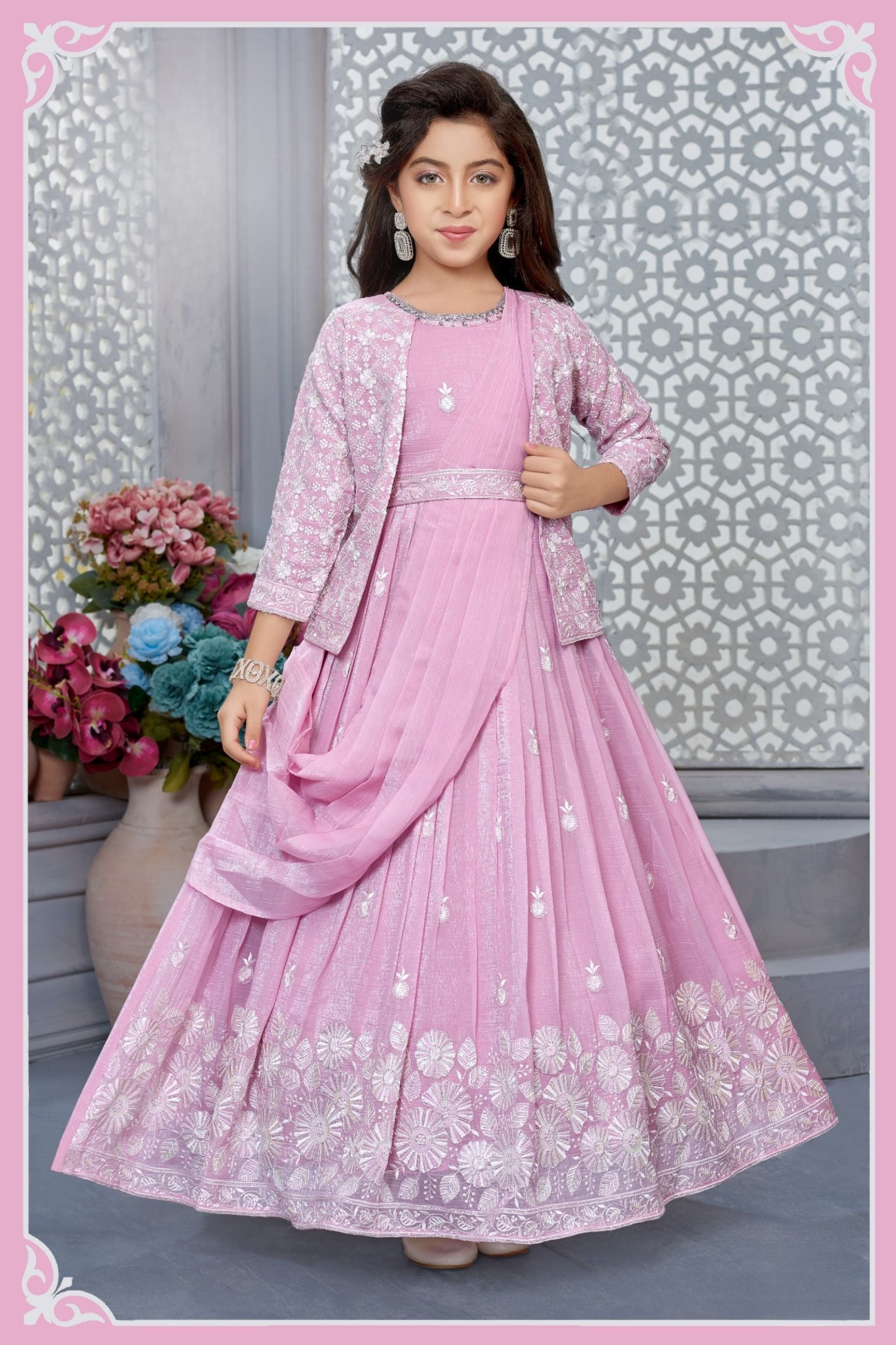 Pink Blossom Sequinned Embroidered Long Gown with Jacket