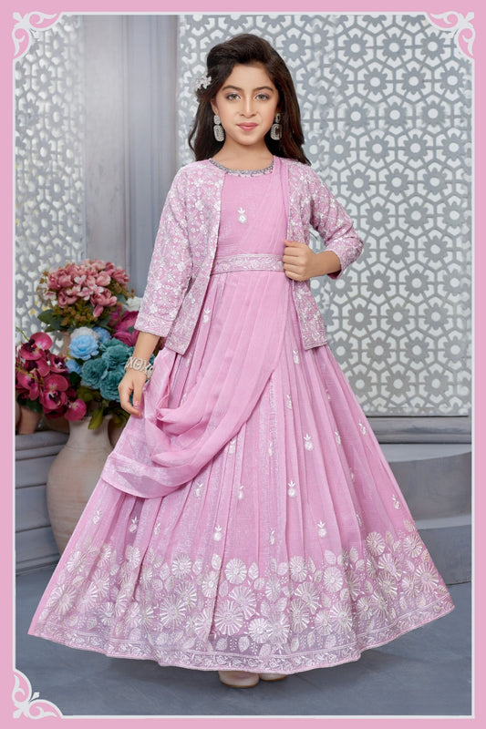 Pink Blossom Sequinned Embroidered Long Gown with Jacket