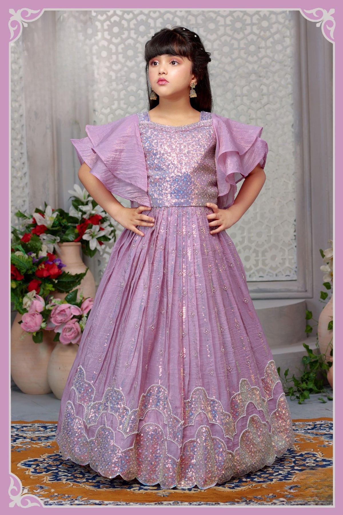 Purple Sequin Glow Layered Lehenga with Ruffle Sleeves