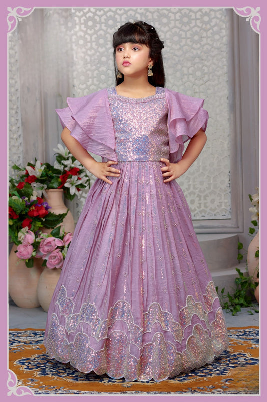 Purple Sequin Glow Layered Lehenga with Ruffle Sleeves