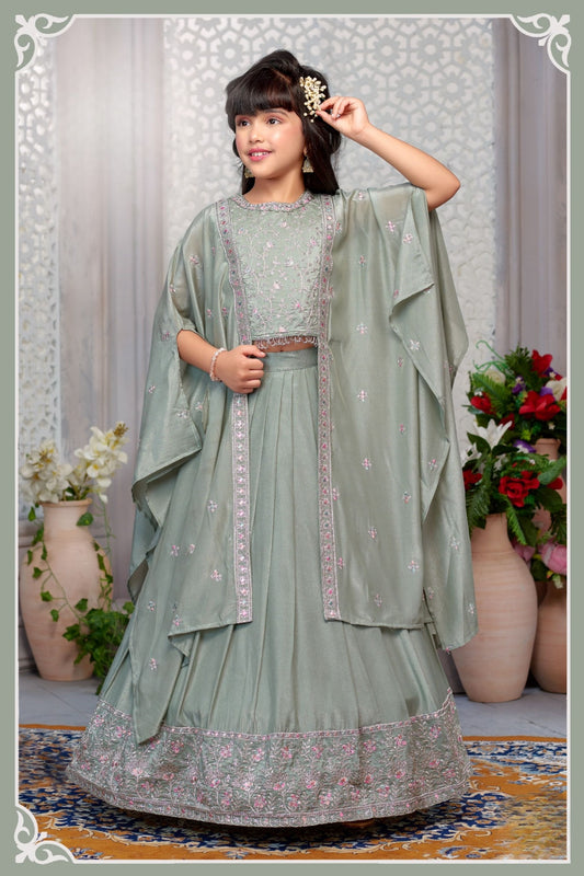 Green Embroidered Cape Style Lehenga Set