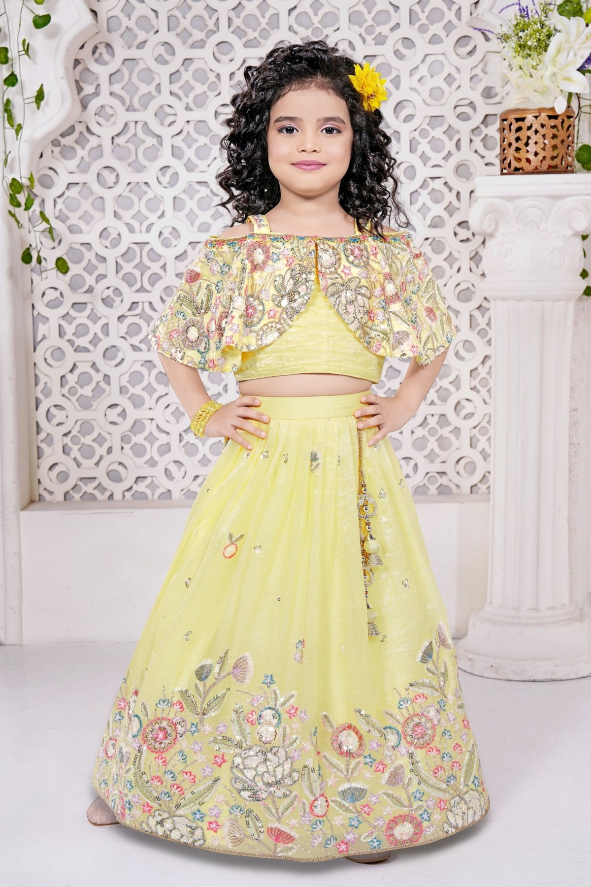 Lemon Yellow Floral Embroidered Lehenga Choli with Cape Sleeves