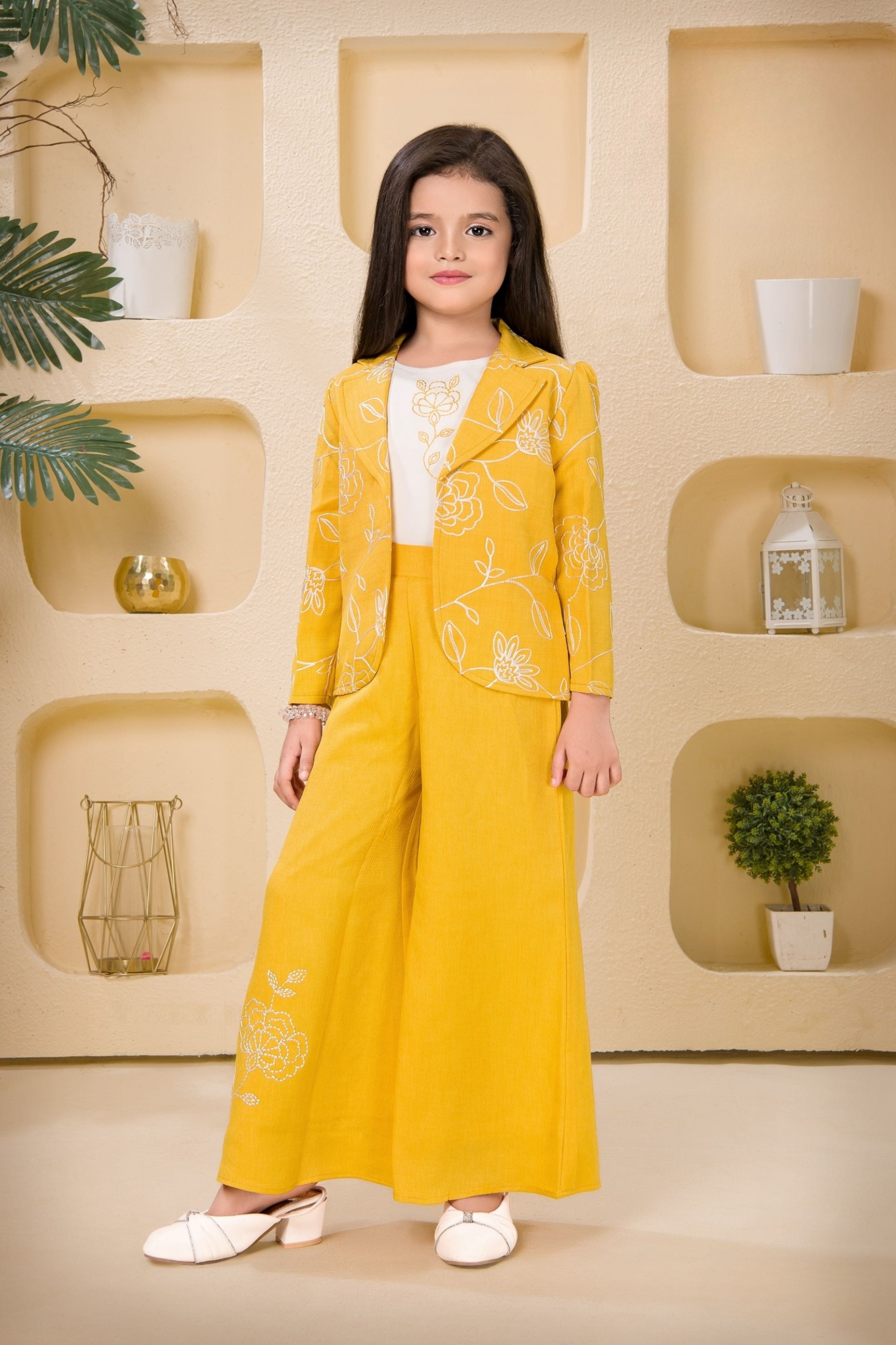 Mustard Yellow Floral Embroidered Blazer Set