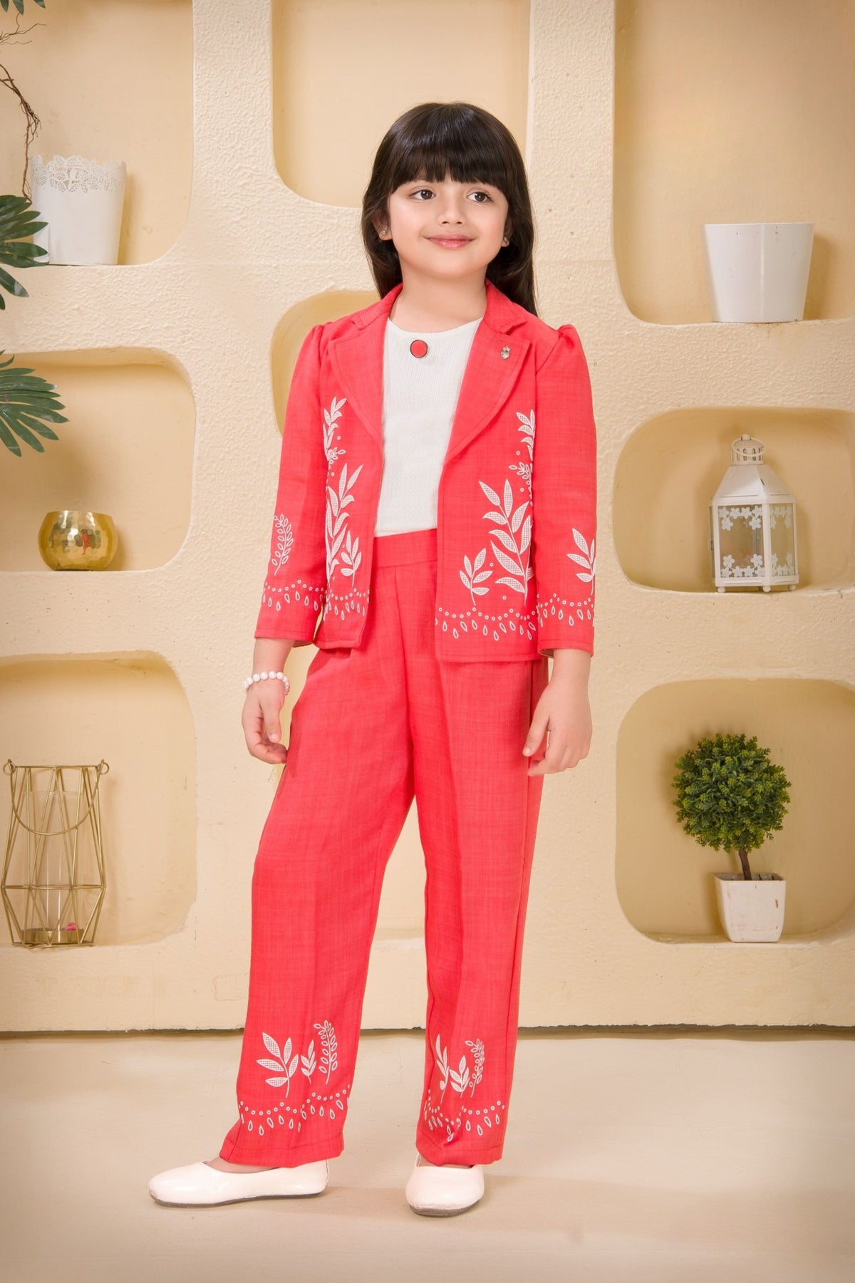 Tomato Red Floral Embroidered Blazer Set