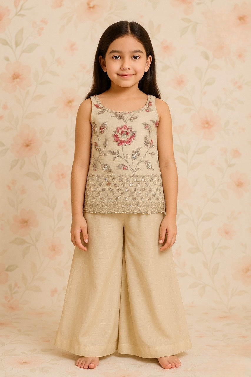 Cream Floral Embroidered Palazzo Set