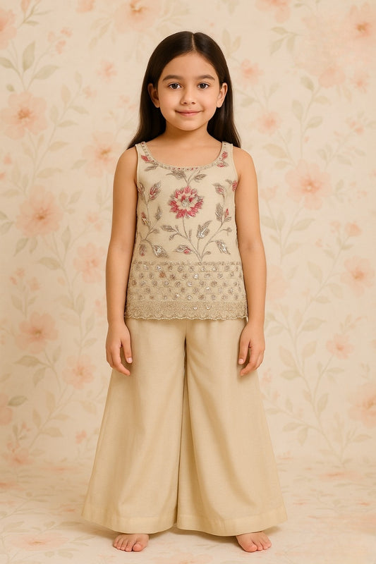 Cream Floral Embroidered Palazzo Set