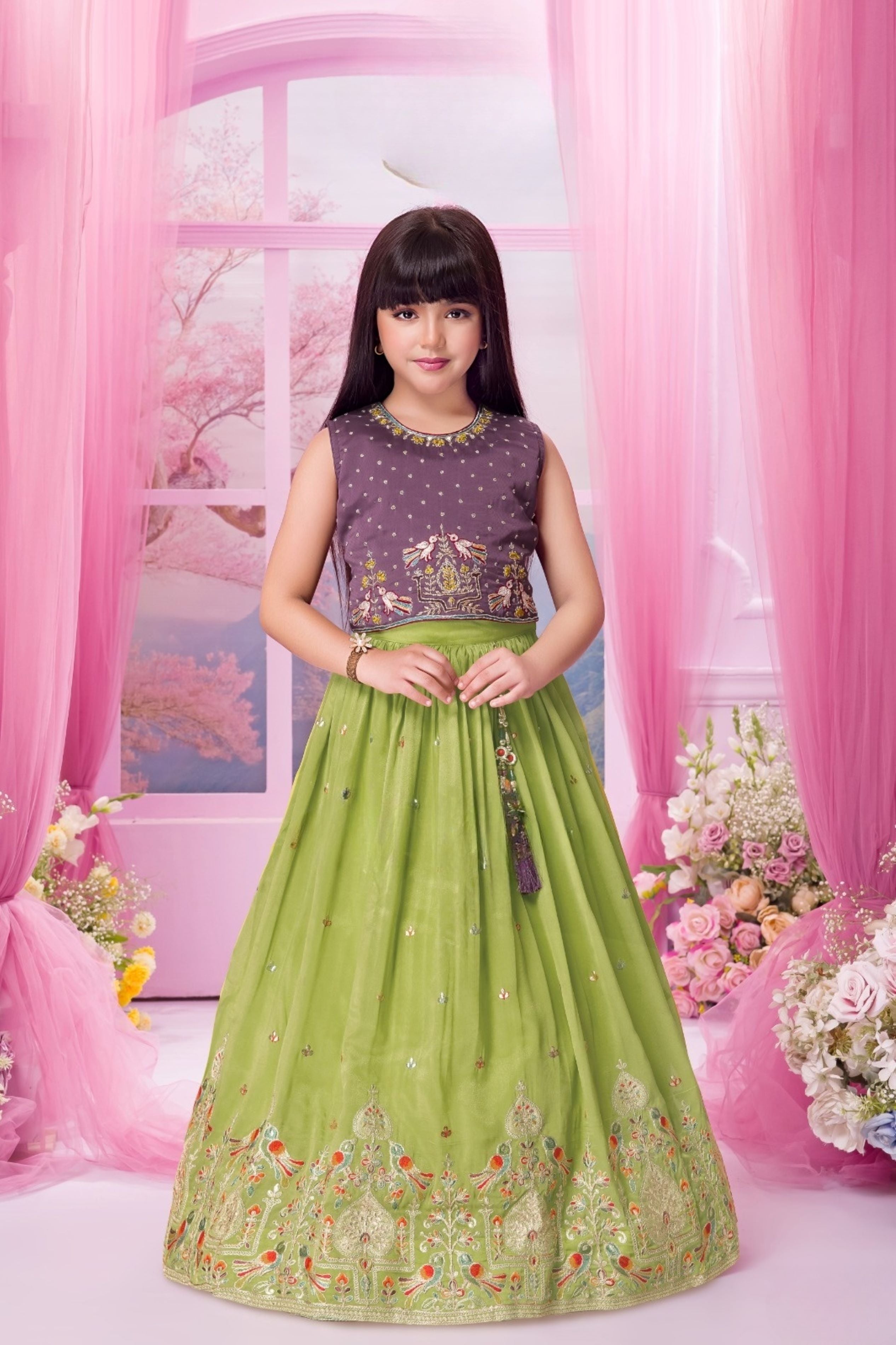 Green Purple Embroidered Party Wear Lehenga Choli