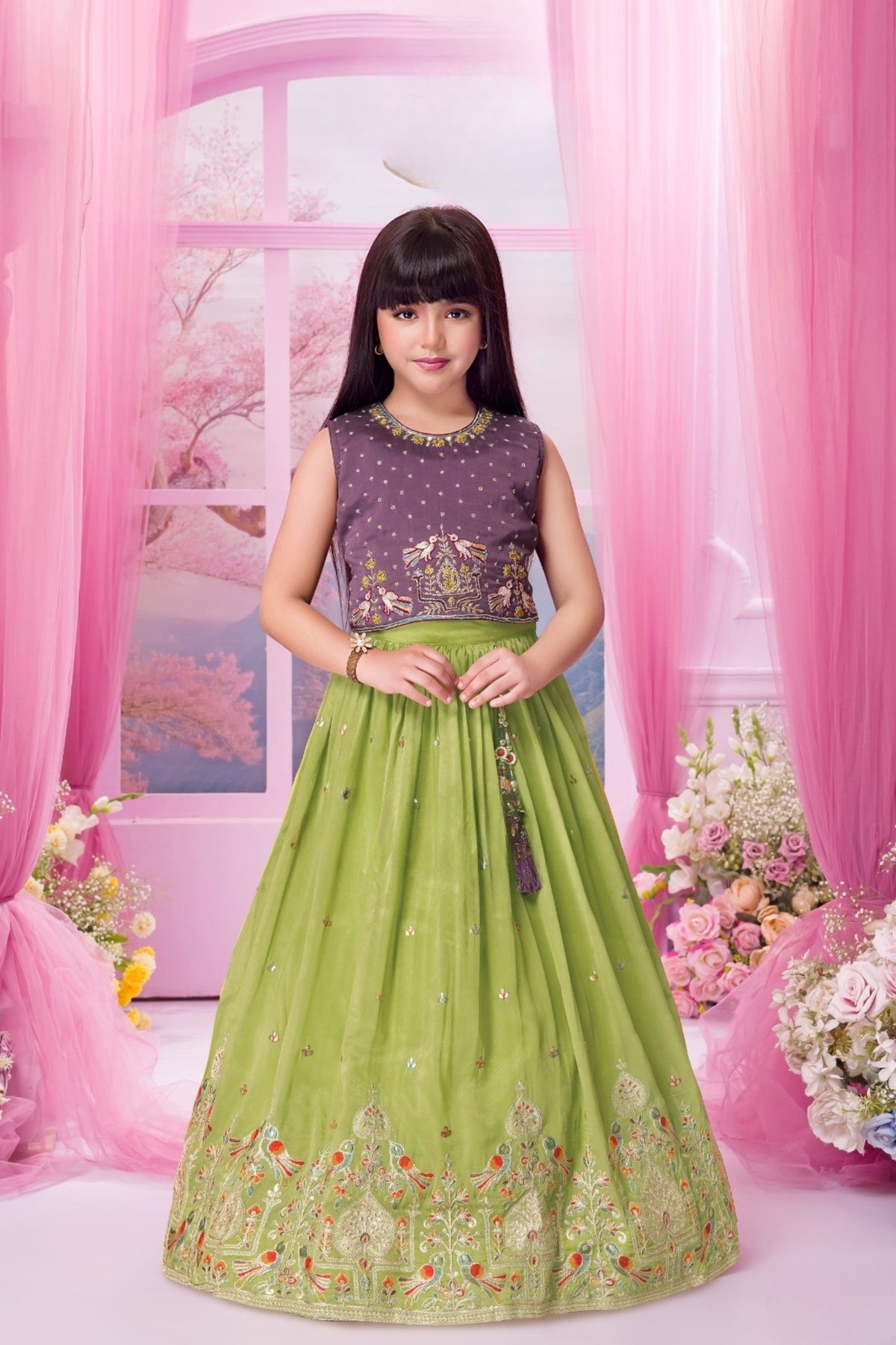Green Purple Embroidered Party Wear Lehenga Choli