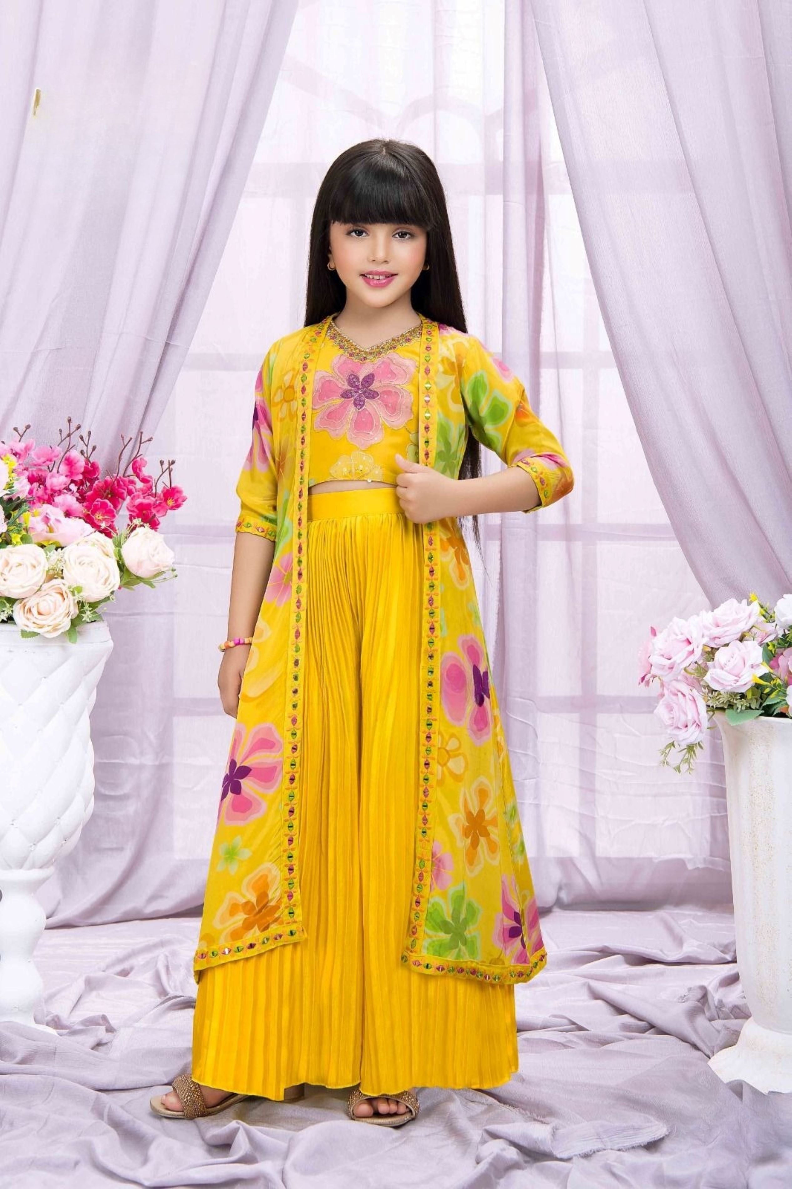 Yellow Floral Printed Long Jacket with Pleated Palazzo Set