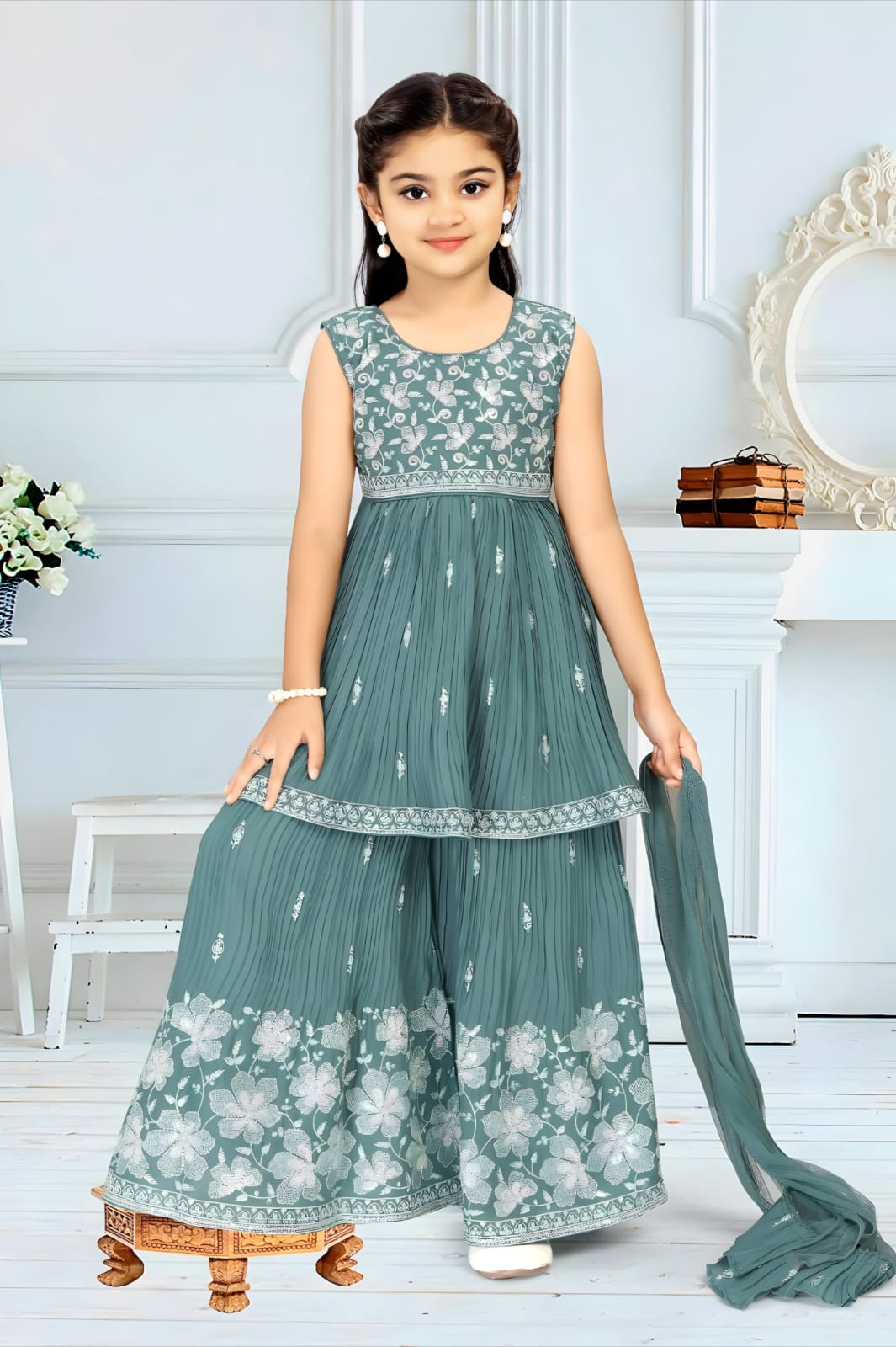 Teal Green Embroidered Layered Kurti with Palazzo Set