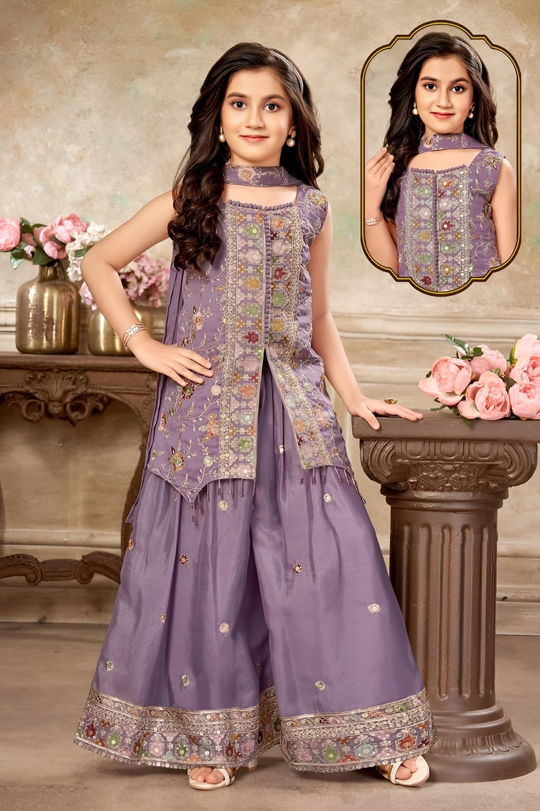 Lavender Embroidered Palazzo Set with Sleeveless Kurta & Dupatta