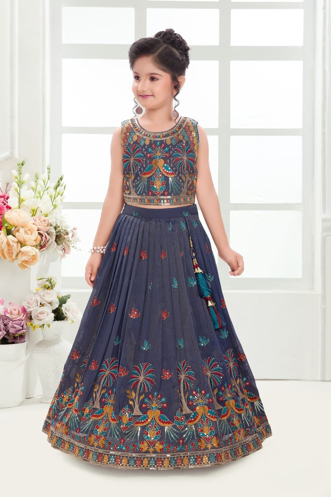 Navy Blue Peacock Embroidered Kids Lehenga Set