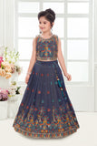 Navy Blue Peacock Embroidered Kids Lehenga Set