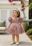 Dusty Mauve Hand Embroidered Floral Puff Short Frock
