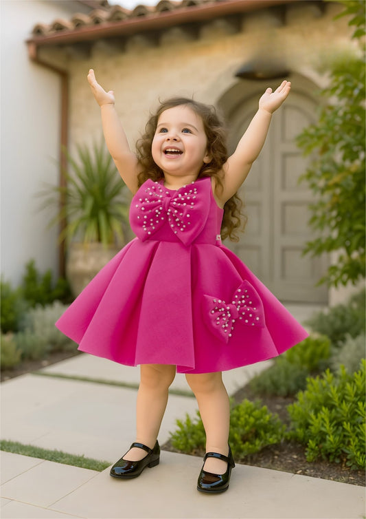 Magenta Pink Pearl Bow Party Short Frock
