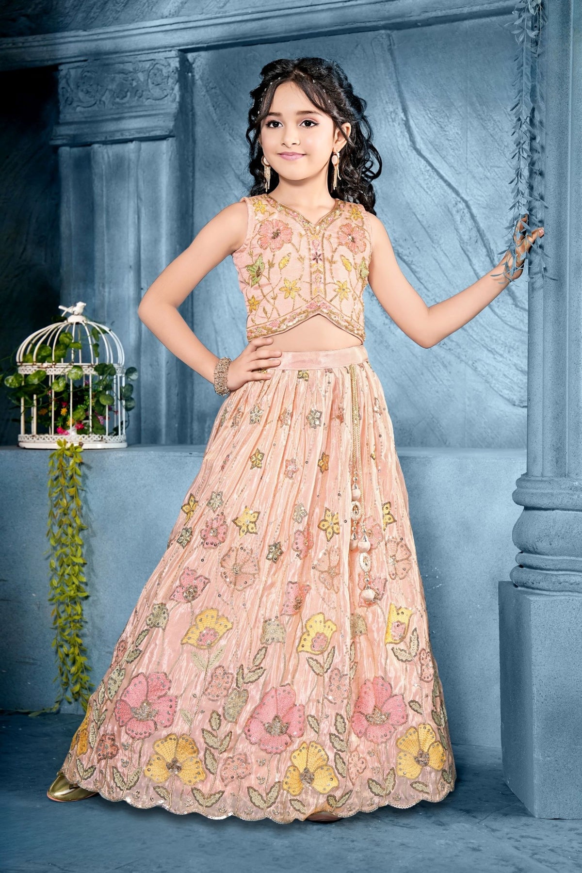 Peach – Floral Embroidered Lehenga Set