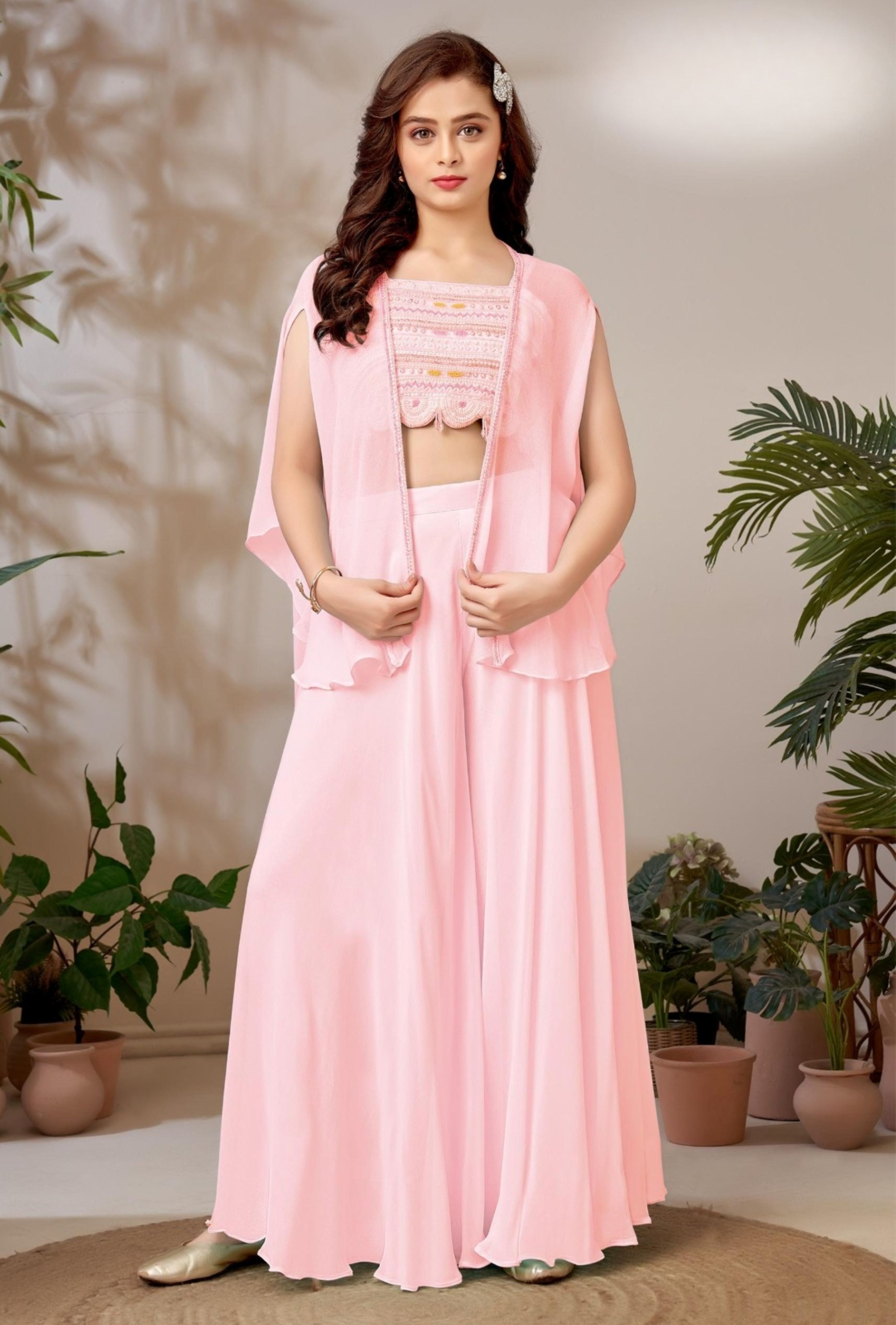 Baby Pink  Cape Style Palazzo Set with Embroidered Crop Top