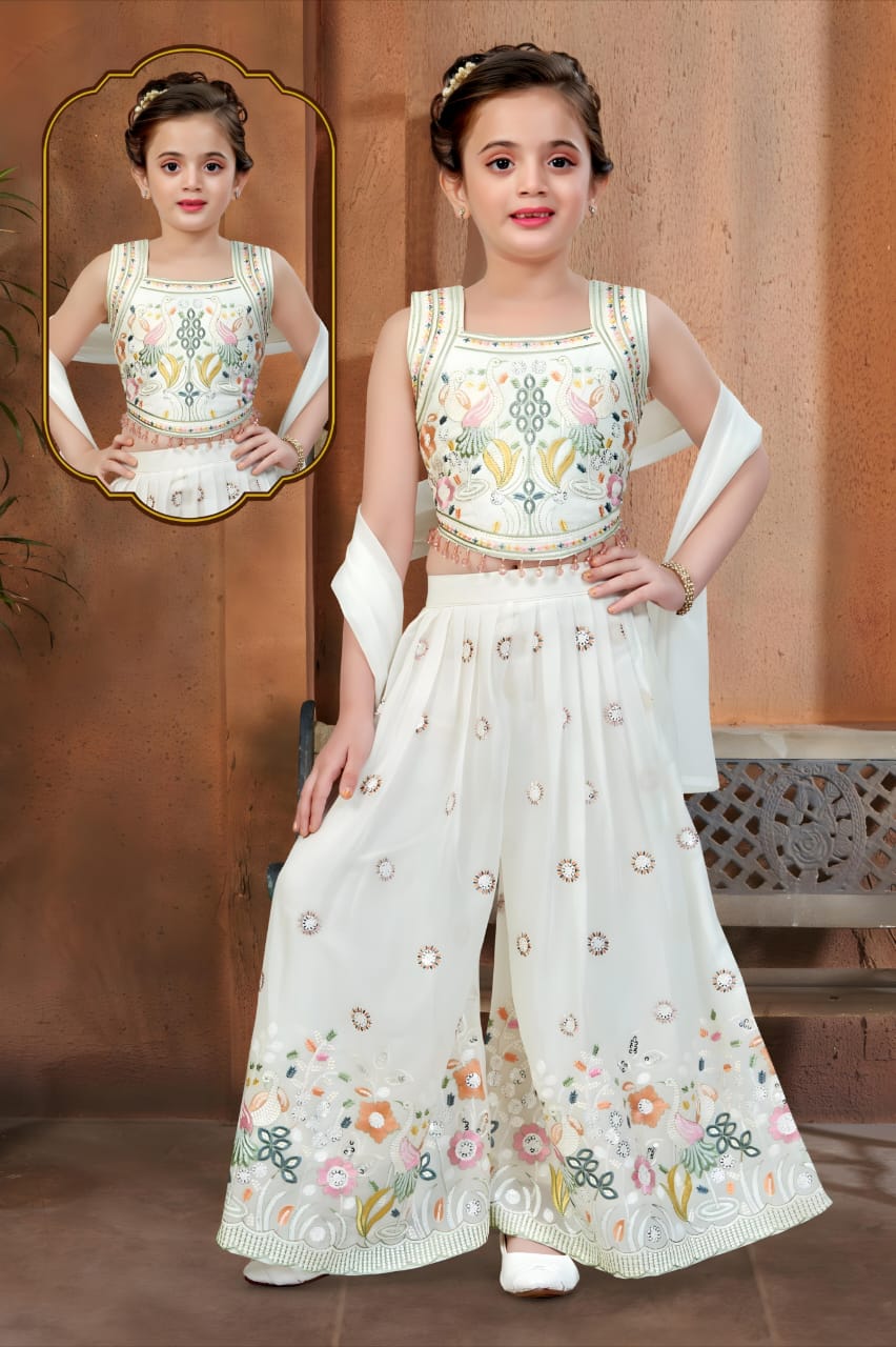 Off White Floral Embroidered Palazzo Set