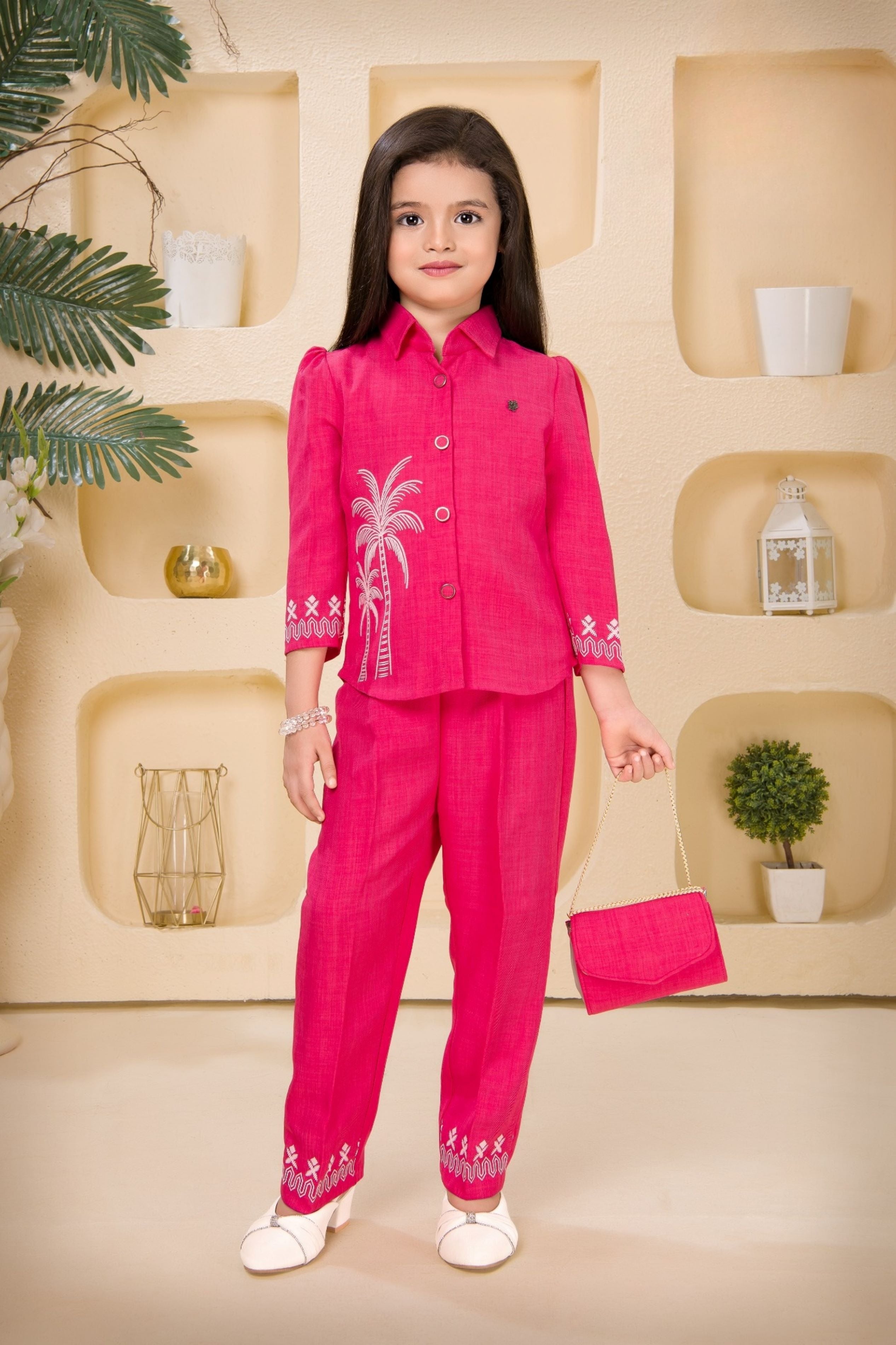 Rani Pink Palm Embroidered Co-ord Set