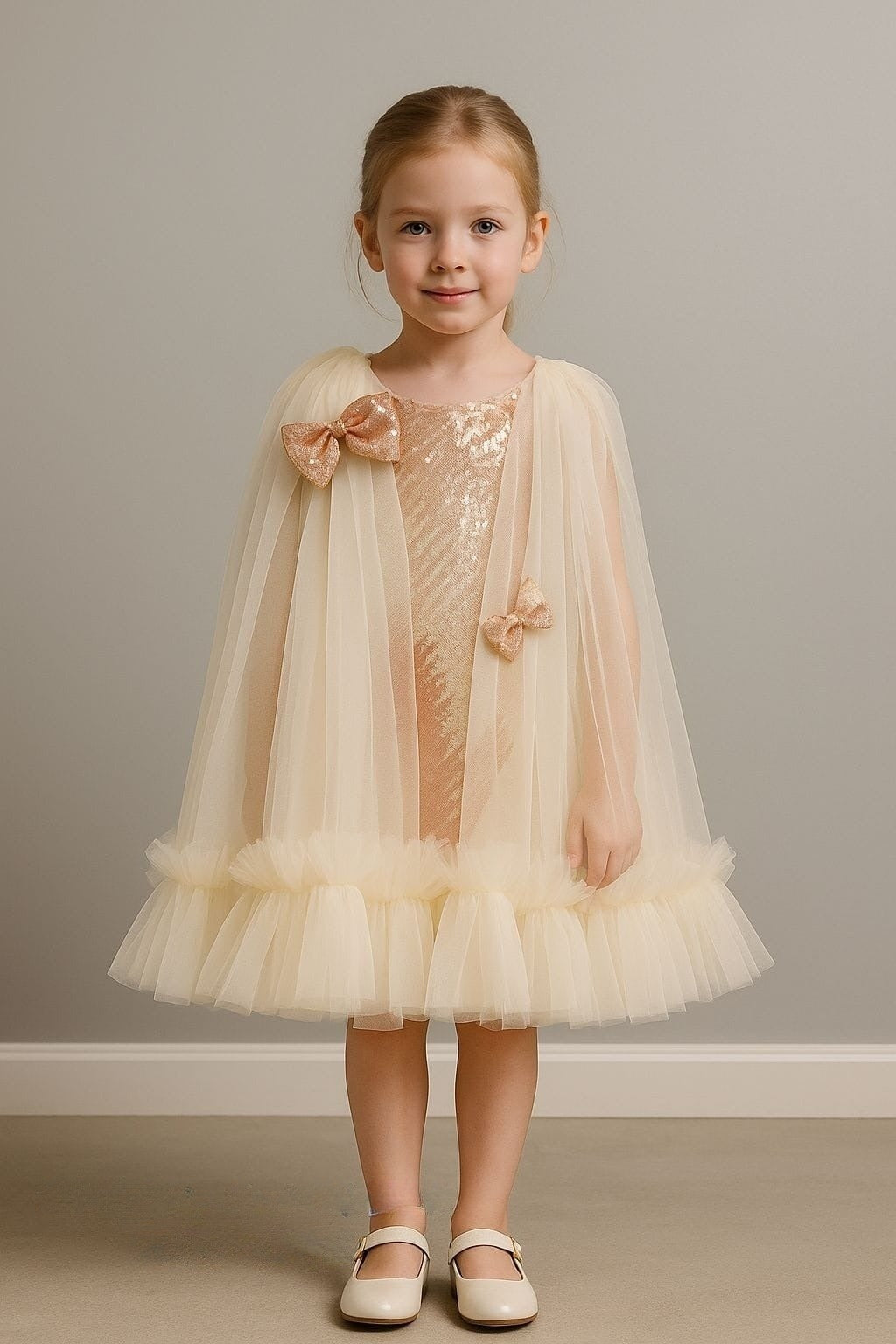 Champagne Gold – Sequin Bow Cape Short Frock