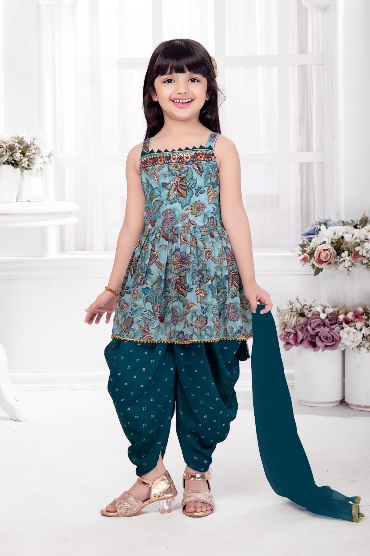 Teal Blue Floral Printed Peplum Kurti with Patiala Pants & Dupatta