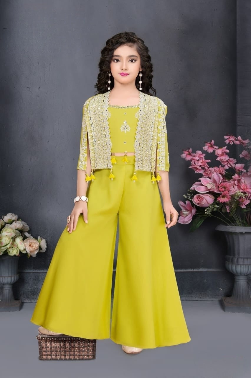 Lime Green Embroidered Jacket Palazzo Set