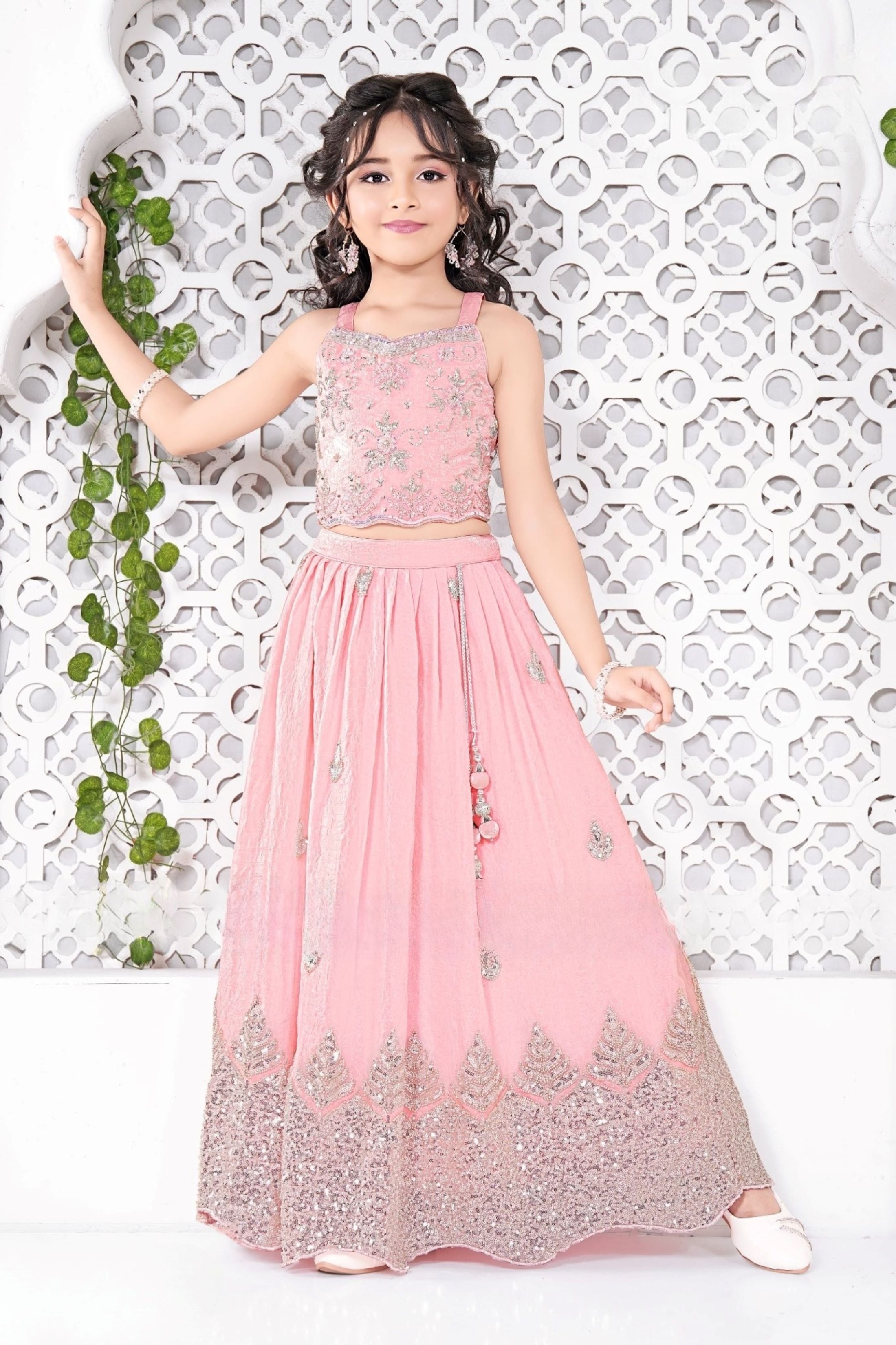 Baby Pink Sequined Floral Embroidered Lehenga Choli Set