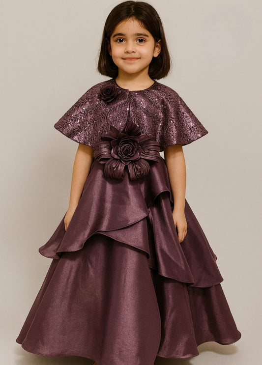 Plum Wine Luxe Layered Rose Long Gown