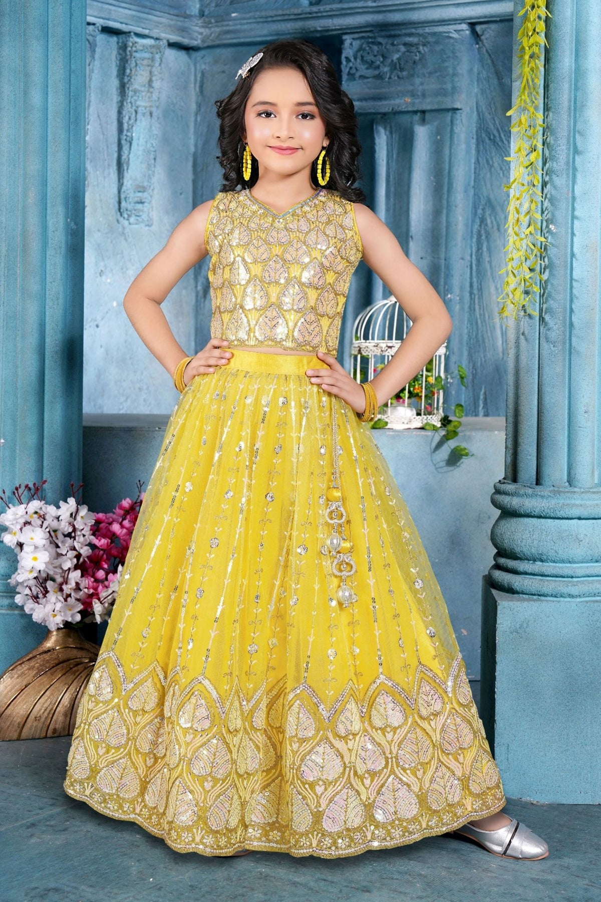 Mustard Yellow Mirror & Threadwork Embroidered Lehenga Set