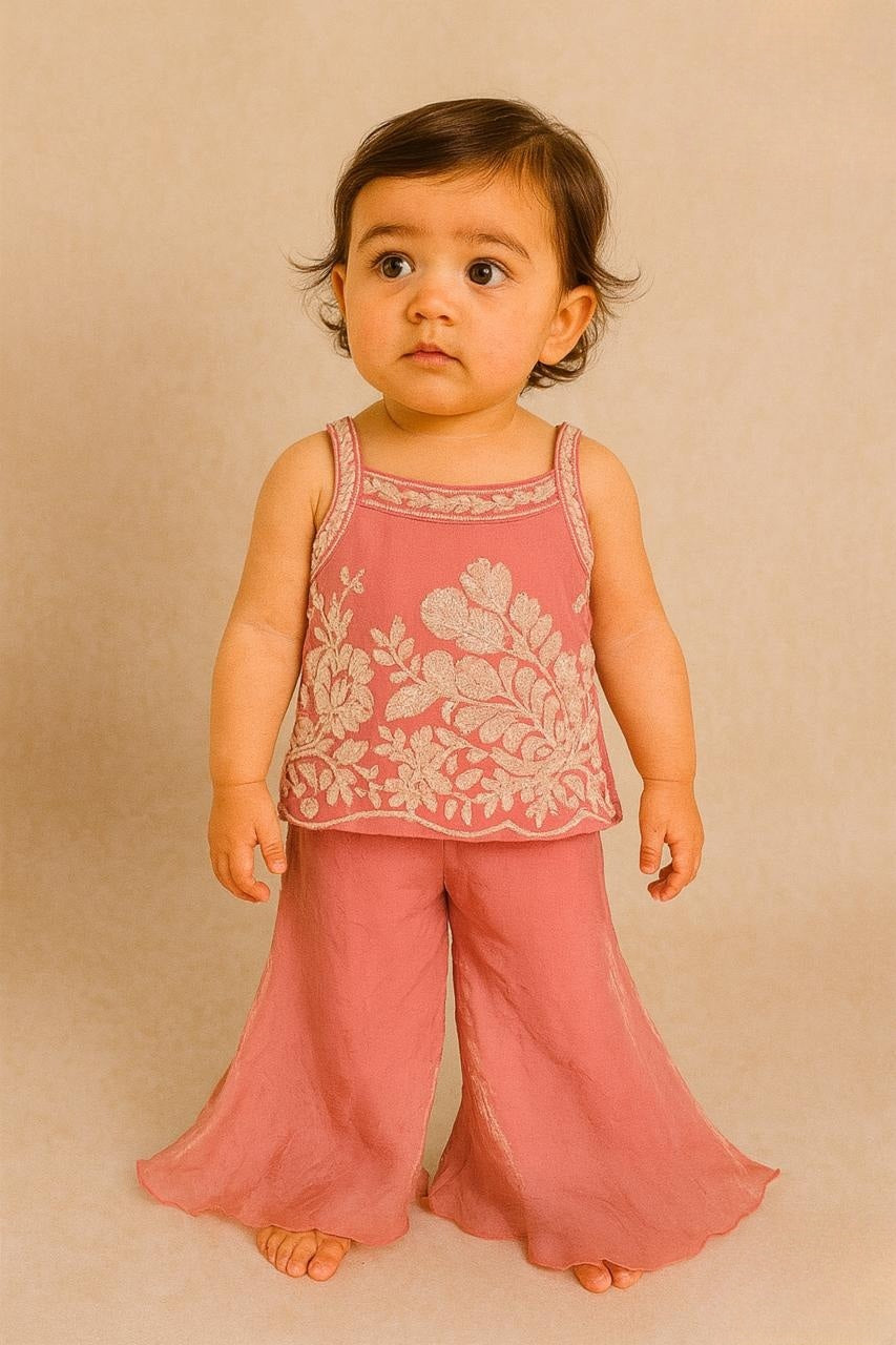 Dusty Rose Floral Embroidered Palazzo Set