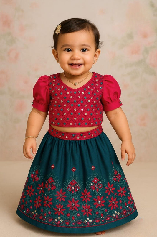 Teal Blue & Rani Pink Mirror Embroidered Lehenga Set