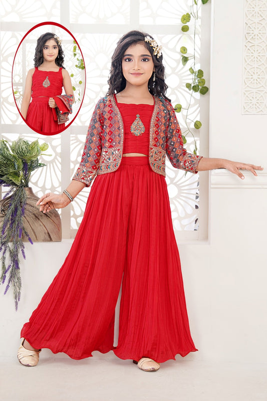 Crimson Red Mirror Work Palazzo Set with Embroidered Jacket