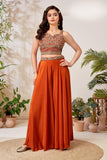 Rust Orange Hand Embroidered Crop Top & Palazzo Set