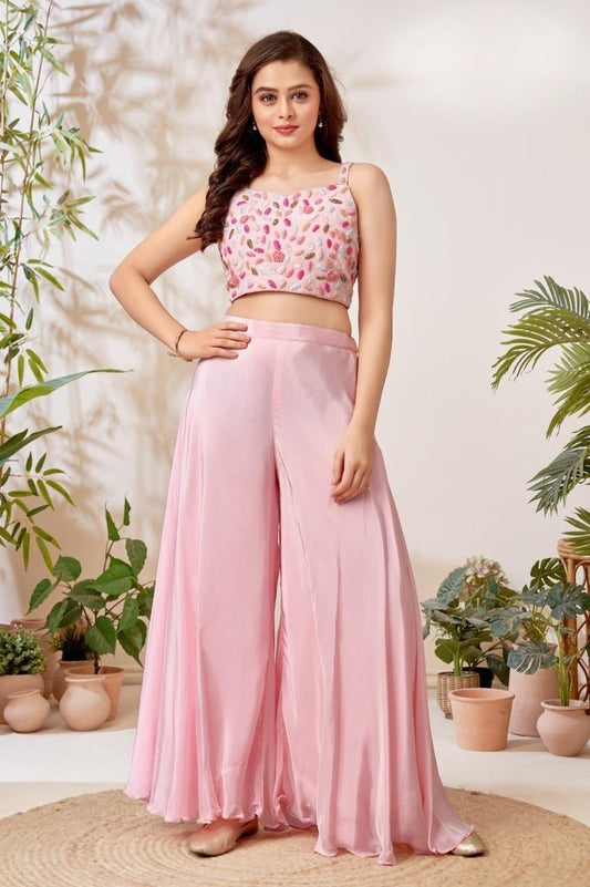 Blush Pink Sequin Embroidered Crop Top & Palazzo Set