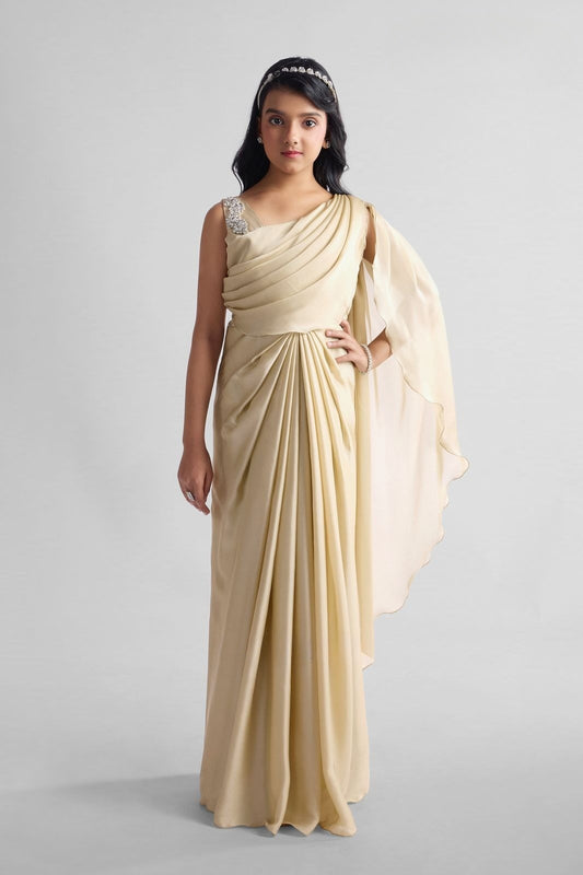 Ivory Gold Draped Saree with Embellished Shoulder