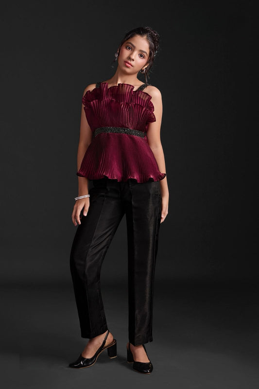 Maroon Pleated Satin Top with Black Straight Pants