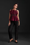 Maroon Pleated Satin Top with Black Straight Pants
