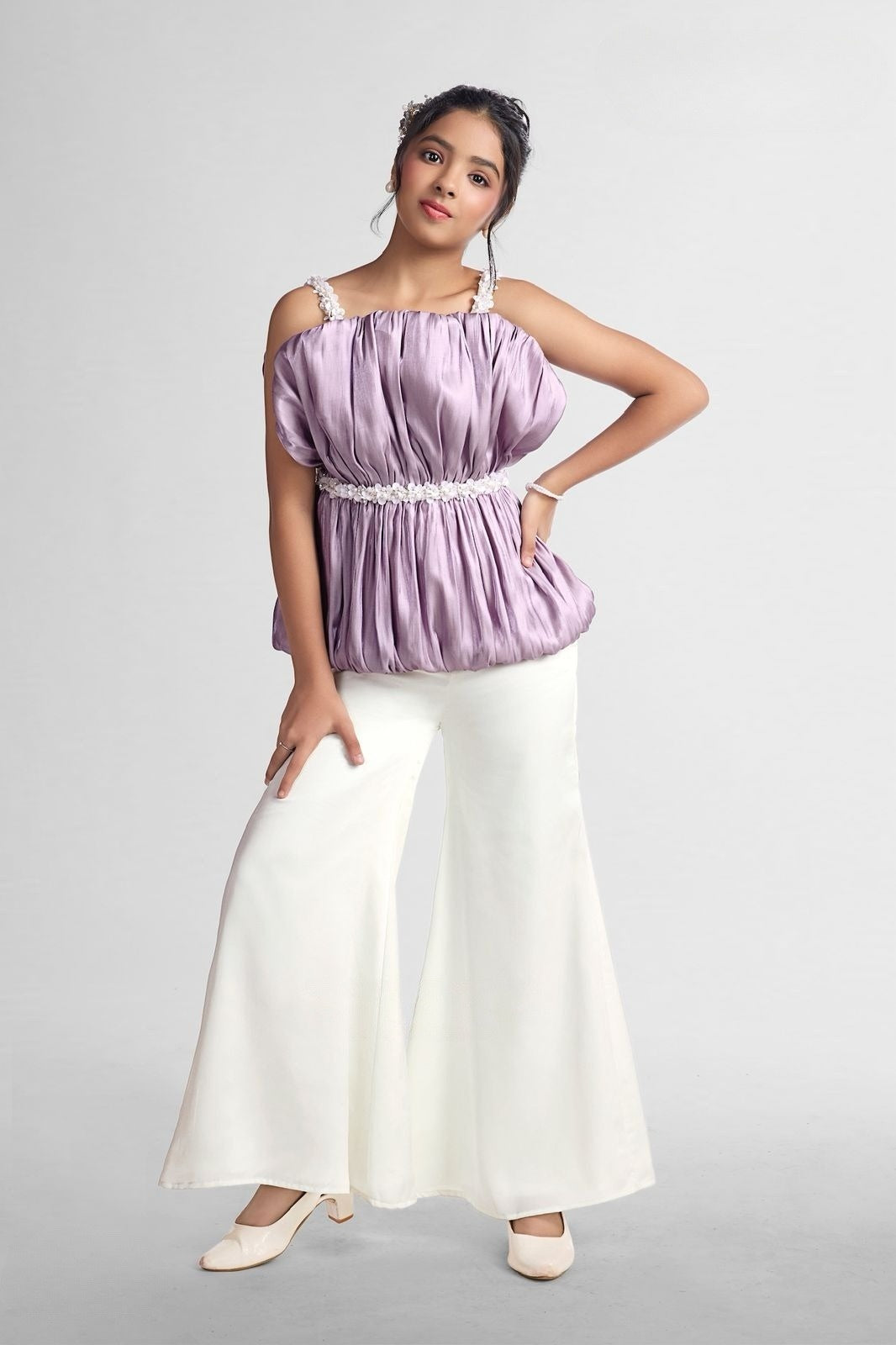 Lavender Bloom Satin Top with Pearl Strap