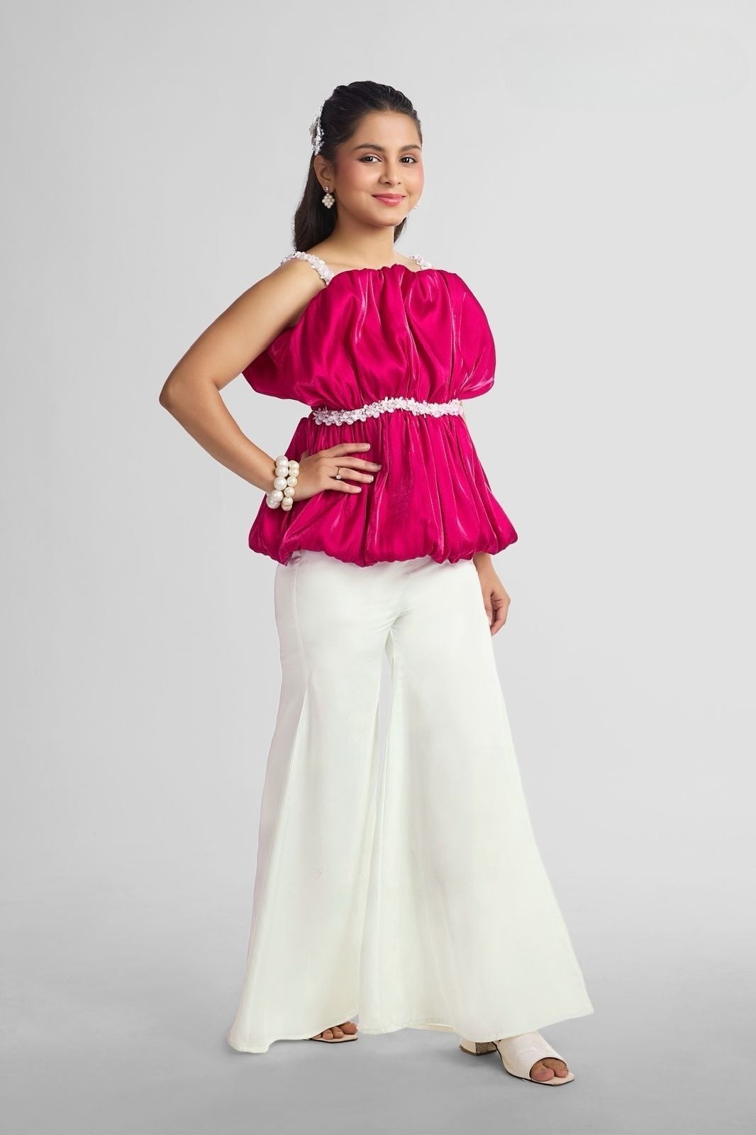 Rani Pearl Satin Top with Embellished Straps Palazzo Set