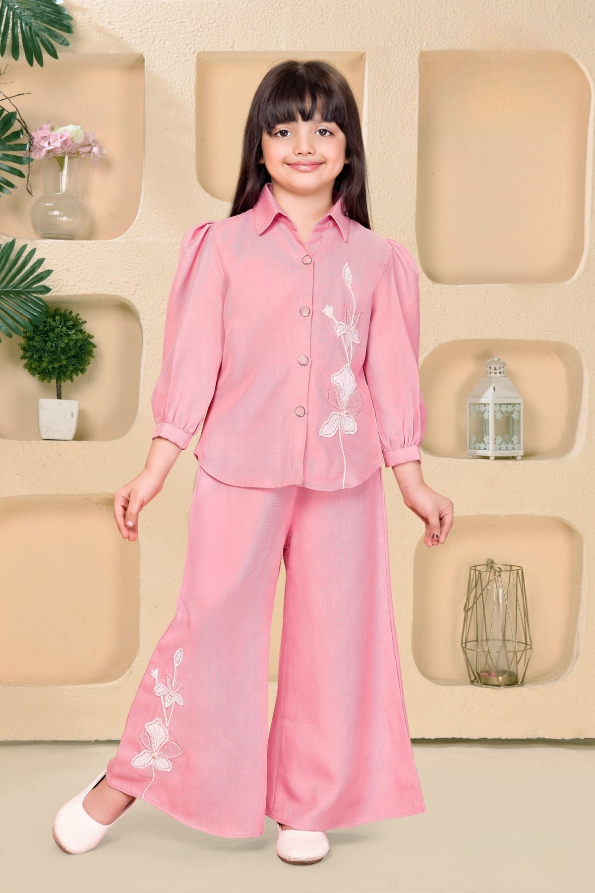 Pink Palazzo Set with Floral Embroidery