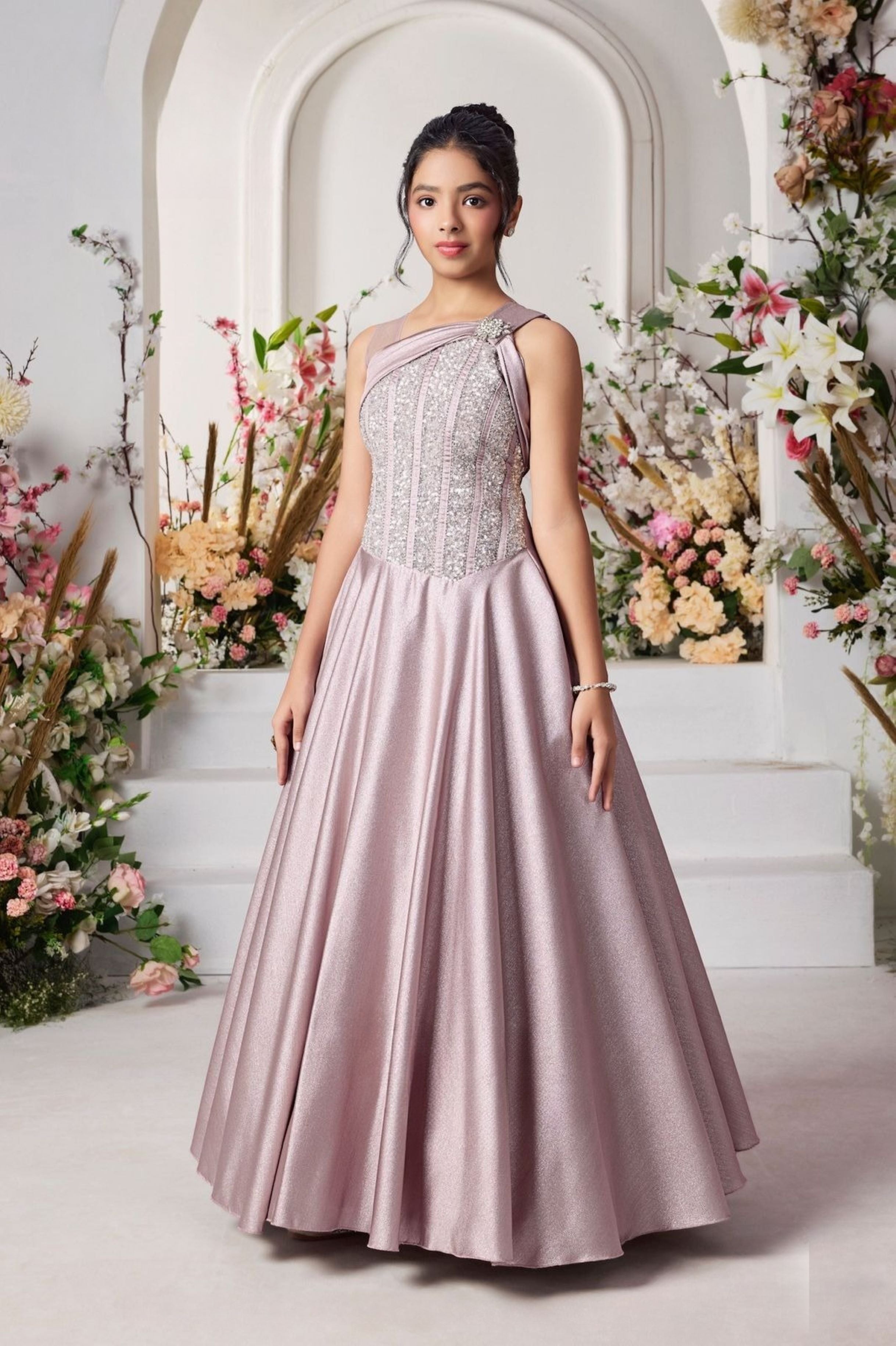 Onion Orchid Crystal Embellished Satin Gown