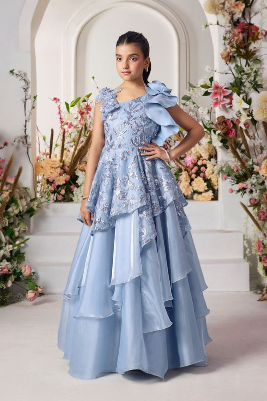 Ice Blue Bloom Ruffle Party Long Gown