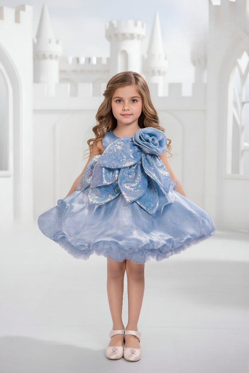 Glacier Blue 3D Flower Designer Short Frock