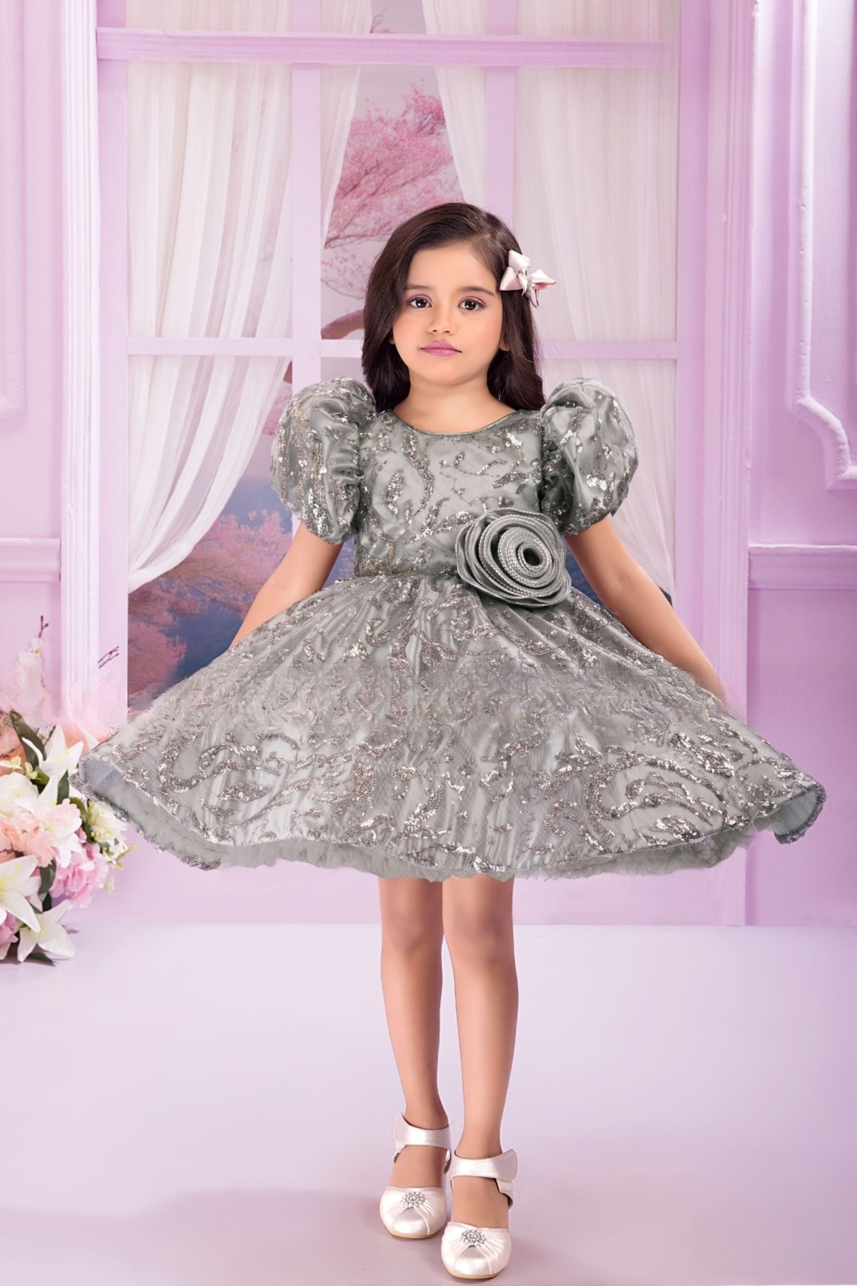 Silver Grey Royal Petal Puff Sleeves Embellished Short Frock