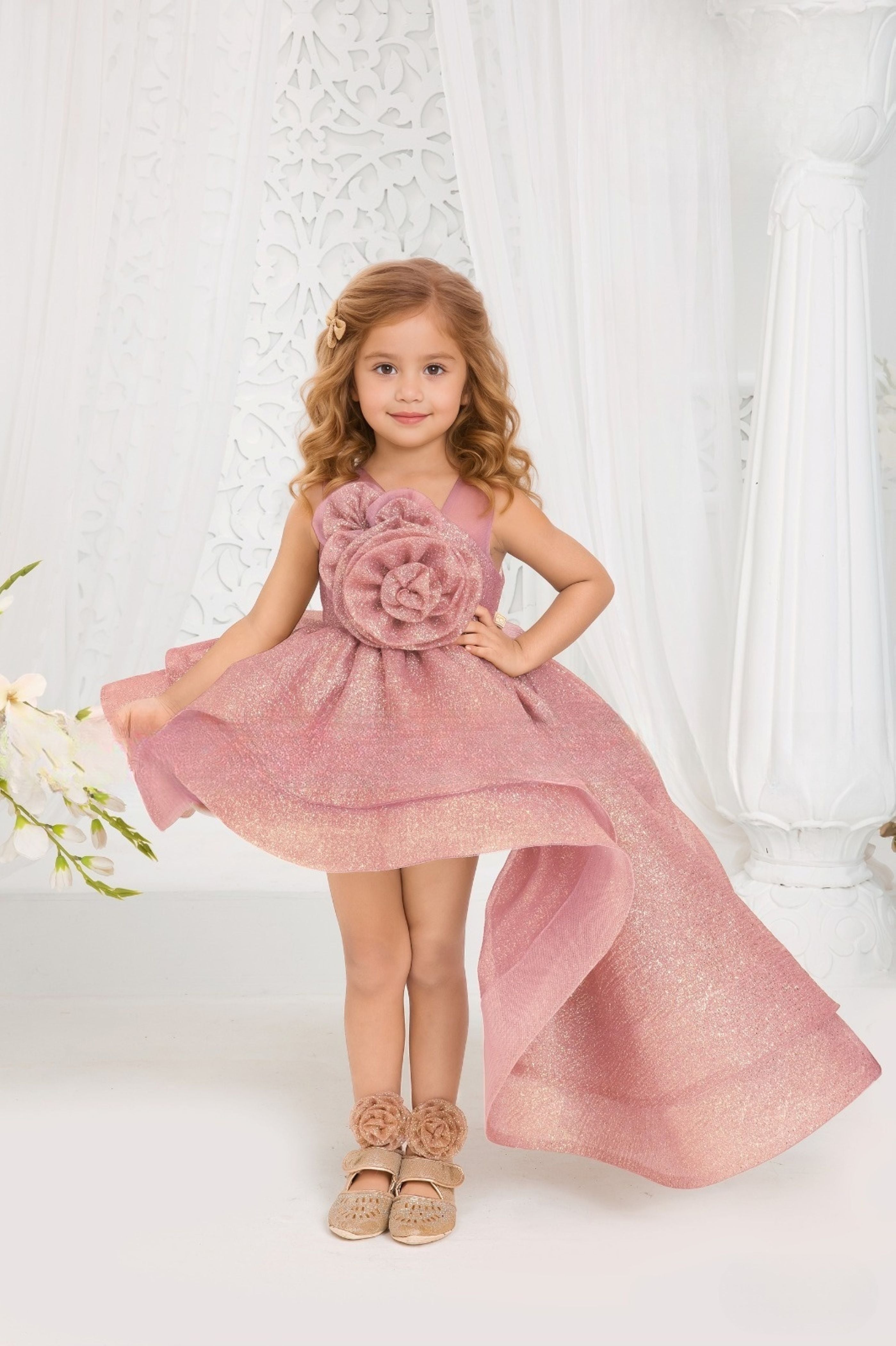 Rose Pink Blossom Couture High-Low Party Short Frock