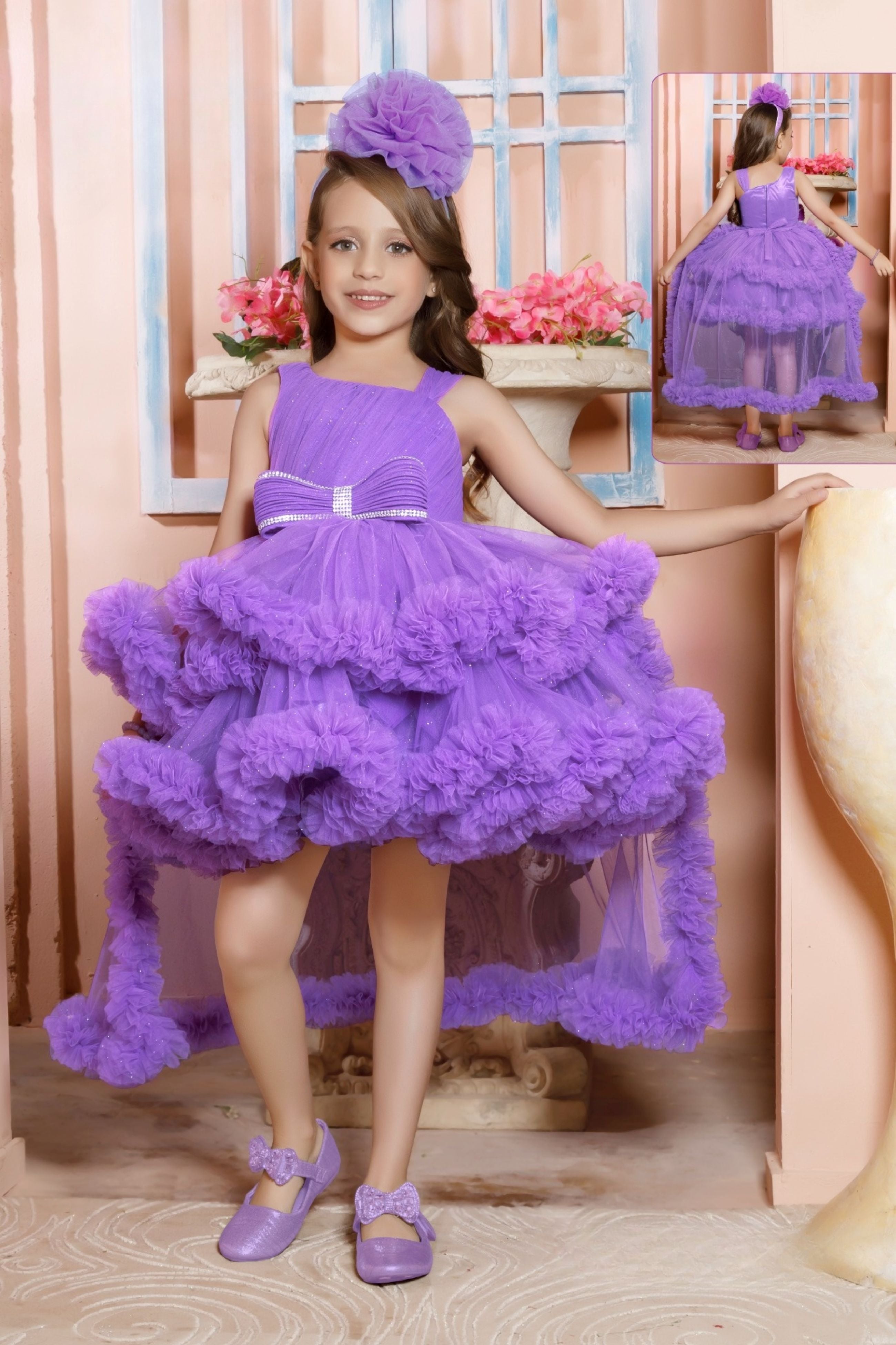Royal Lavender Feathered Ruffle Couture Short Frock .