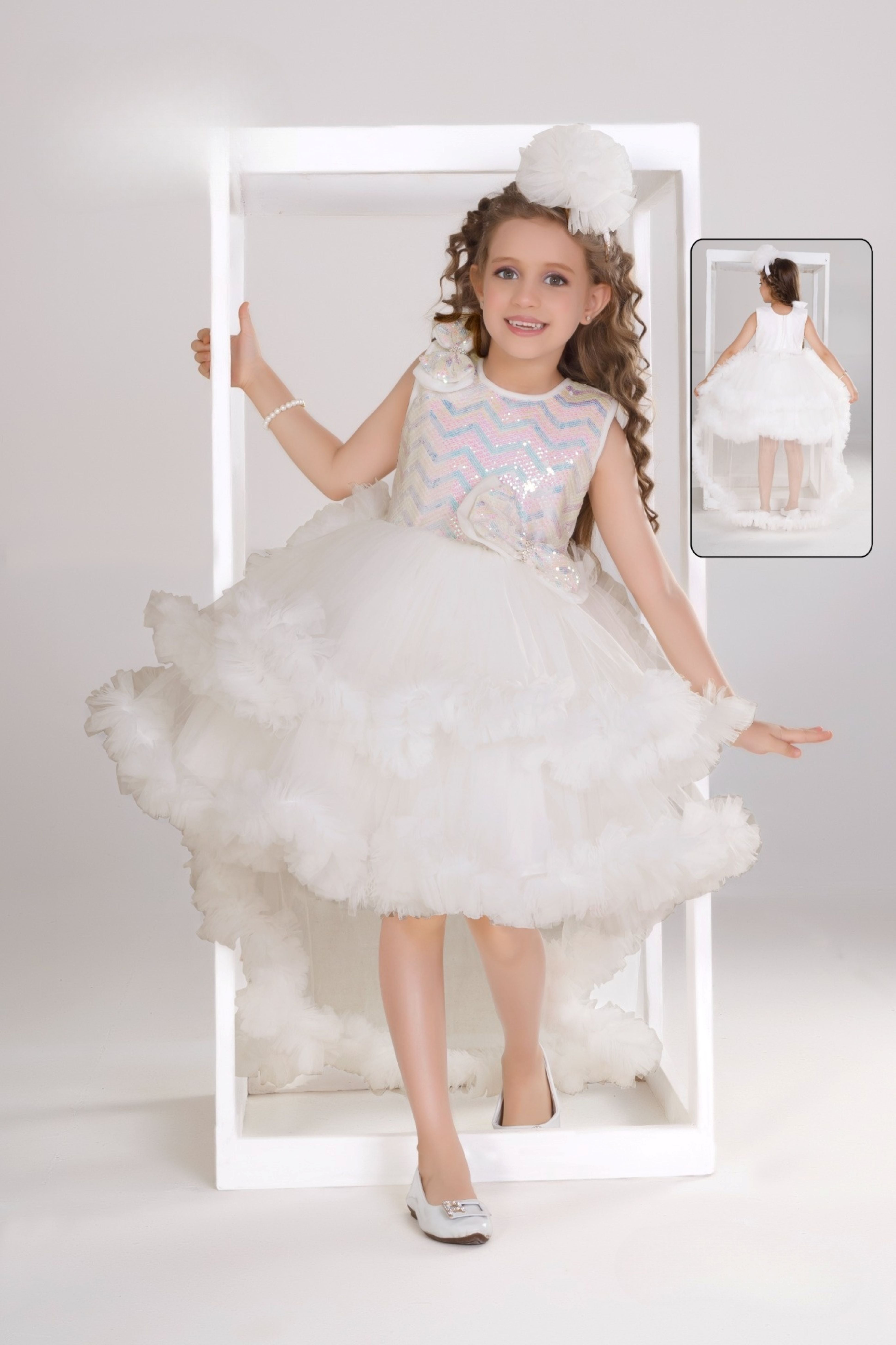 Pearl White Designer High-Low Feathered Short Frock